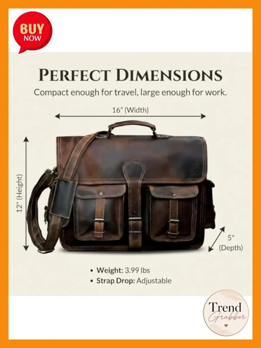 Handmade Buffalo Leather Messenger Bag for Men, 16 Inch Laptop Crossbody